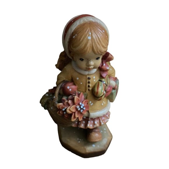 Vtg ANRI Yuletide Cheer Wood Carving Girl & Basket Figurine Signed Christmas - Picture 4 of 13